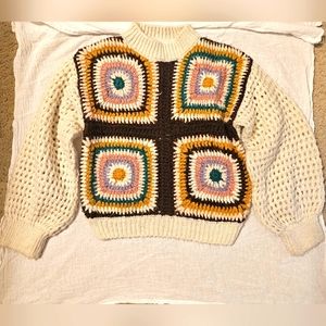 Zara girl 70 style crochet knit sweater with puff sleeves. Size 8-9 yrs